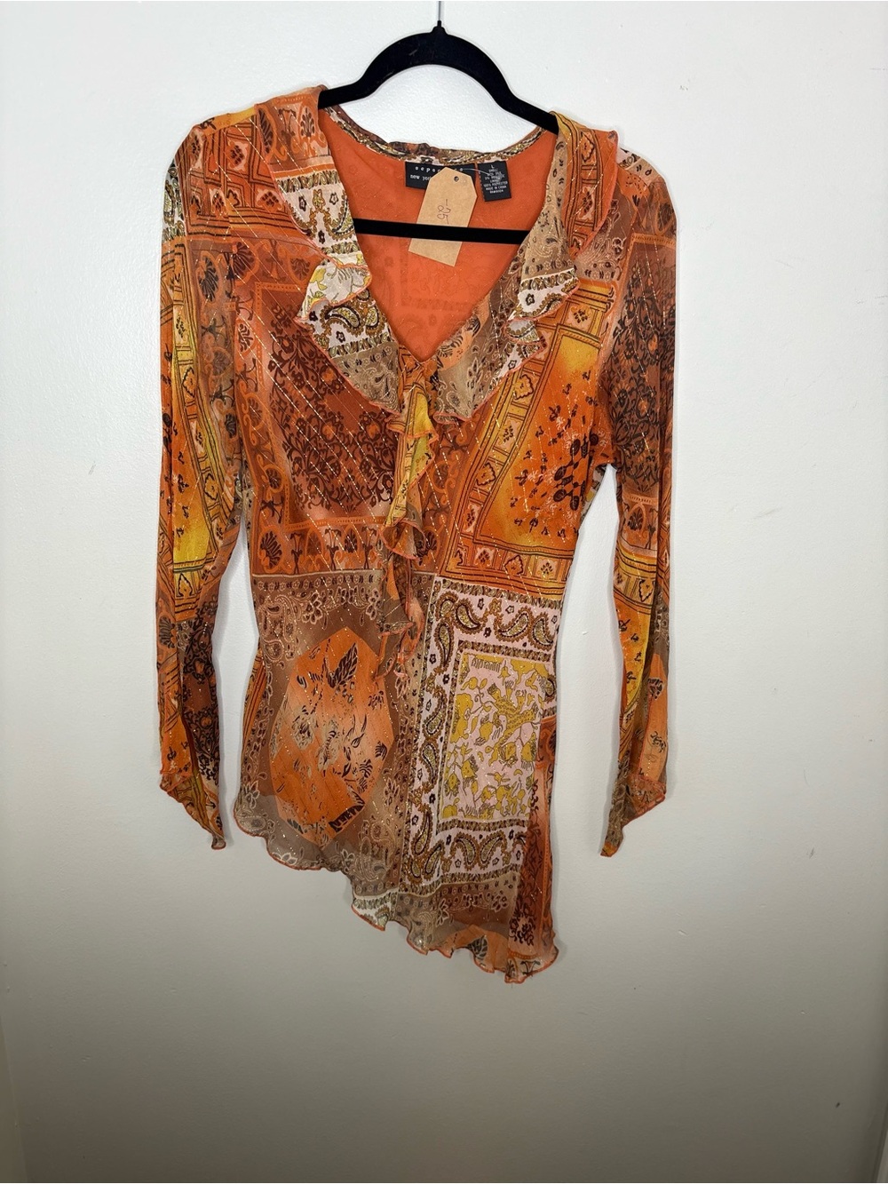 Boho Orange Patchwork Ruffle Blouse